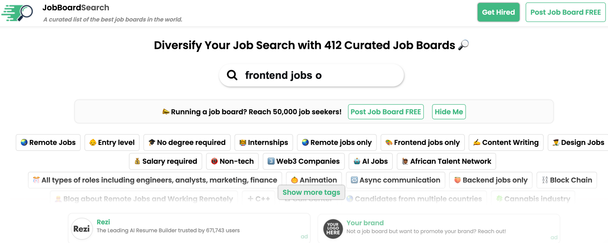 Job Board Search website landing page