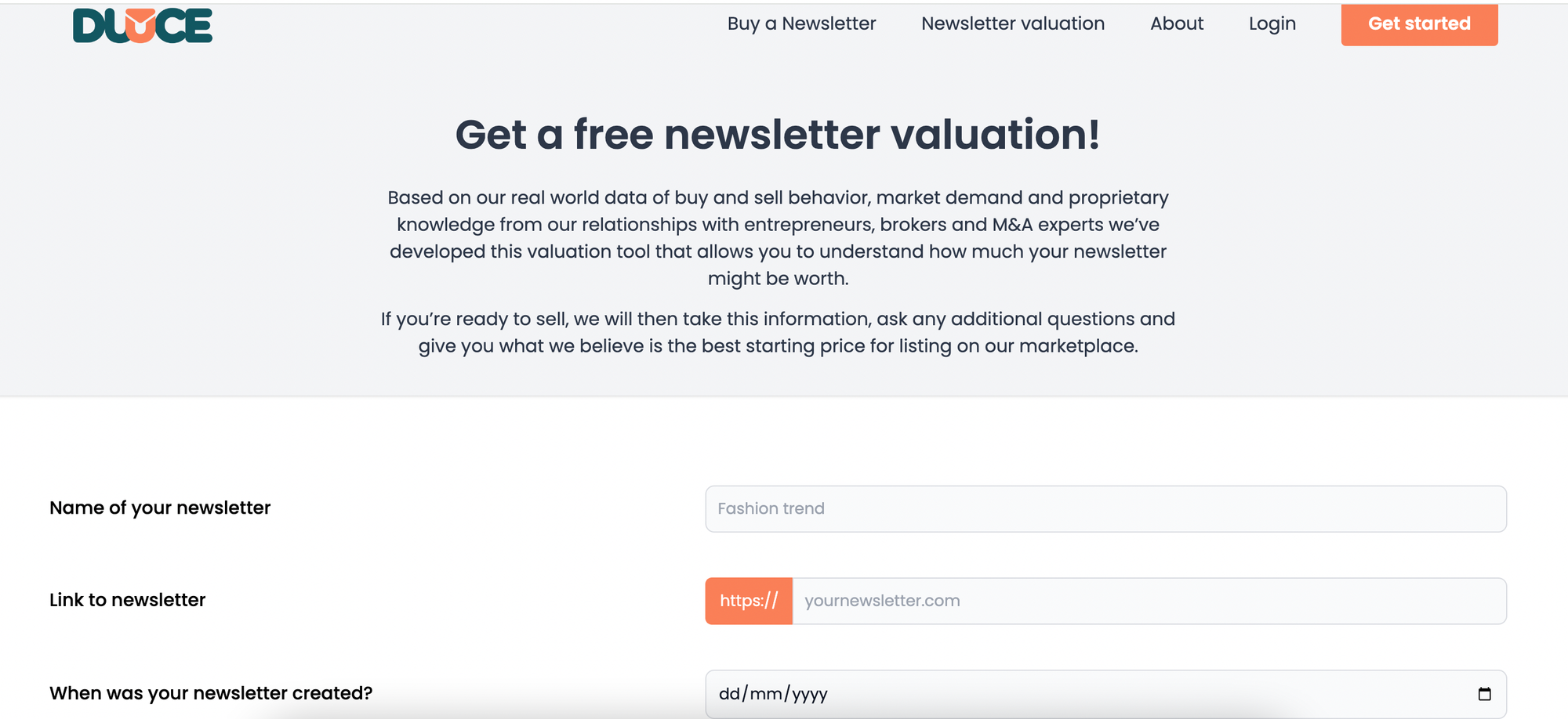 Duuce newsletter valuation tool