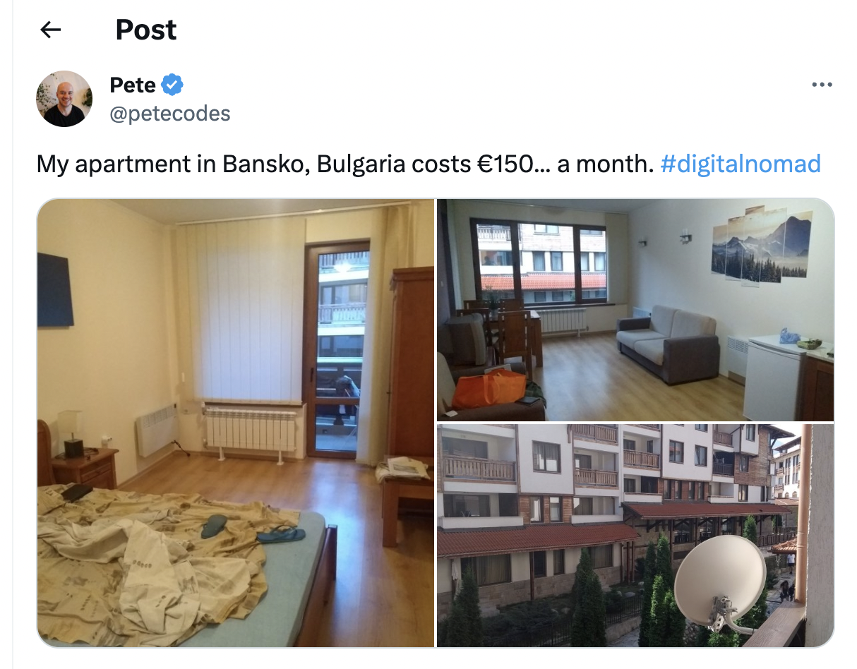 Tweet about Bansko showing a cheap apartment for $150 per month