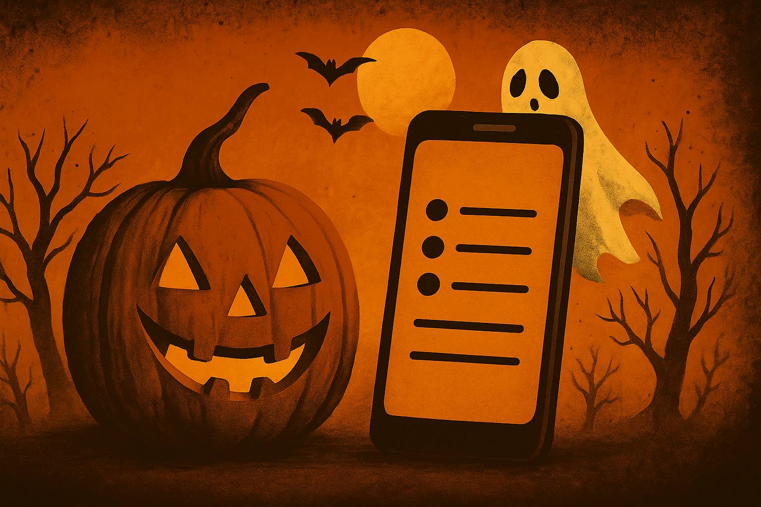Halloween pumpkin, ghost, bats and phone 