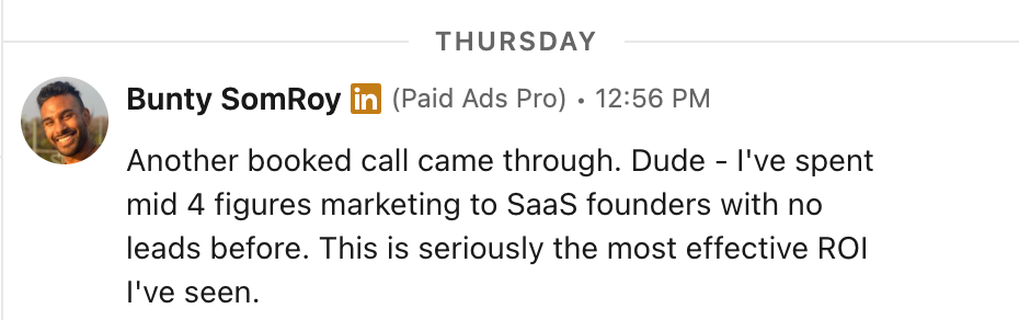 Message from advertiser saying "this is seriously the most effective ROI I've seen"