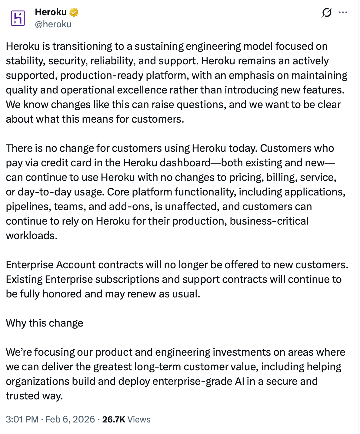 Heroku post on X