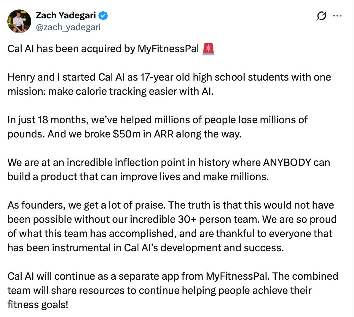 X post about Cal AI acquired 